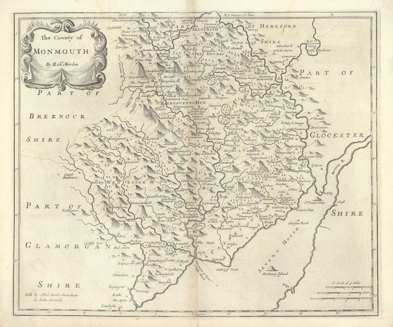 Monmouthshire. 'COUNTY OF MONMOUTH' by ROBERT MORDEN.Camden's Britannia 1722 map